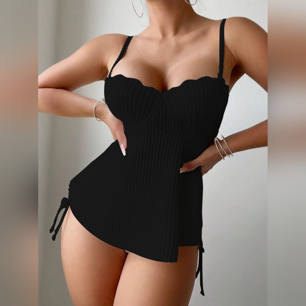 Textured Drawstring Spaghetti Strap Two-Piece Swim Set